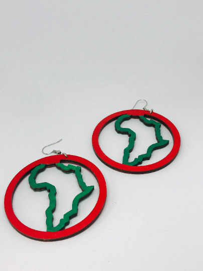 Hand Painted Wooded Hoop Earrings with Africa Shape (Green and Red)